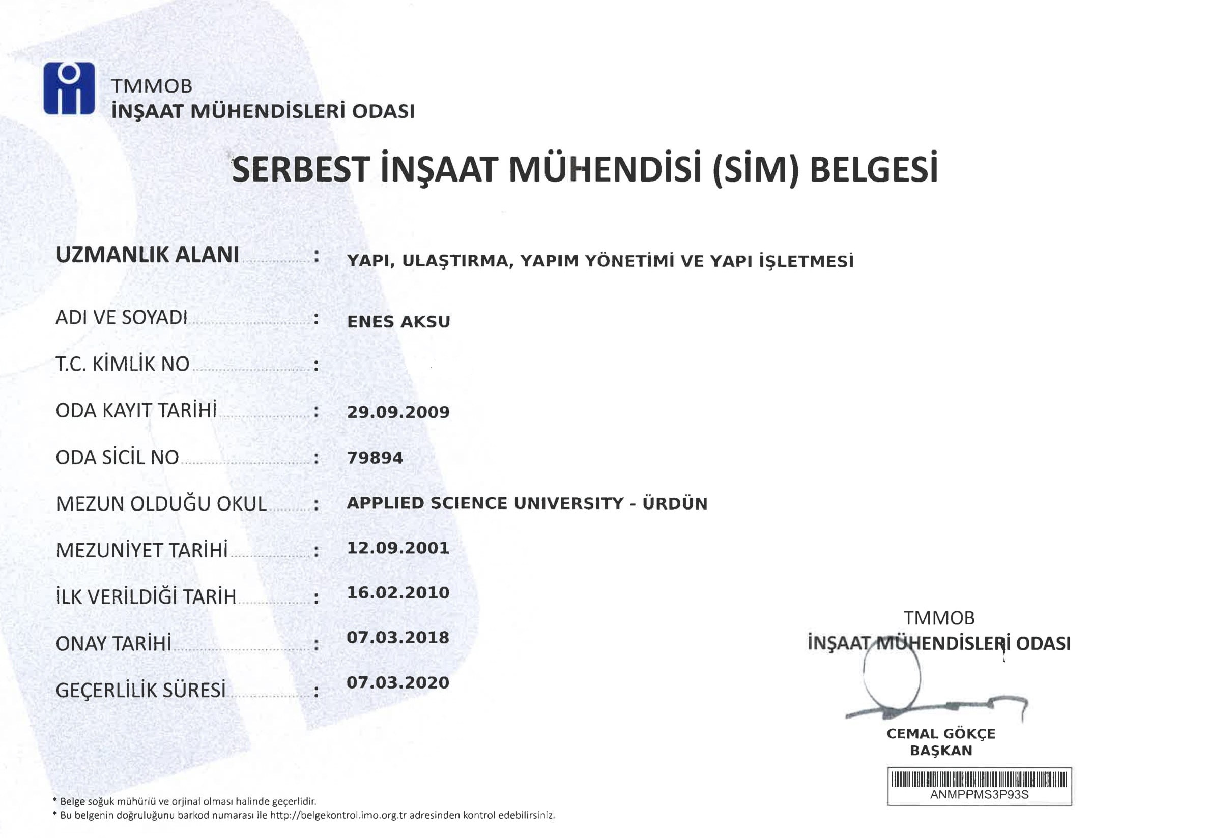 YTI,Serbest Insaat Muhendisligi