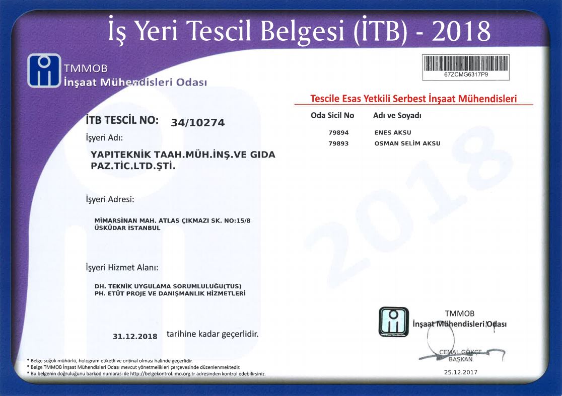 YTI, Is Yeri Tescil Belgesi 2018